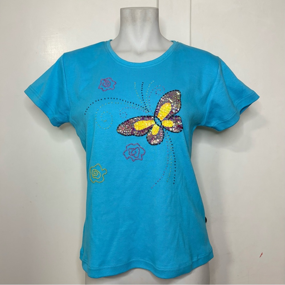 Vintage Y2K Surya Blue Beaded Sequins Butterfly T Shirt Baby Tee